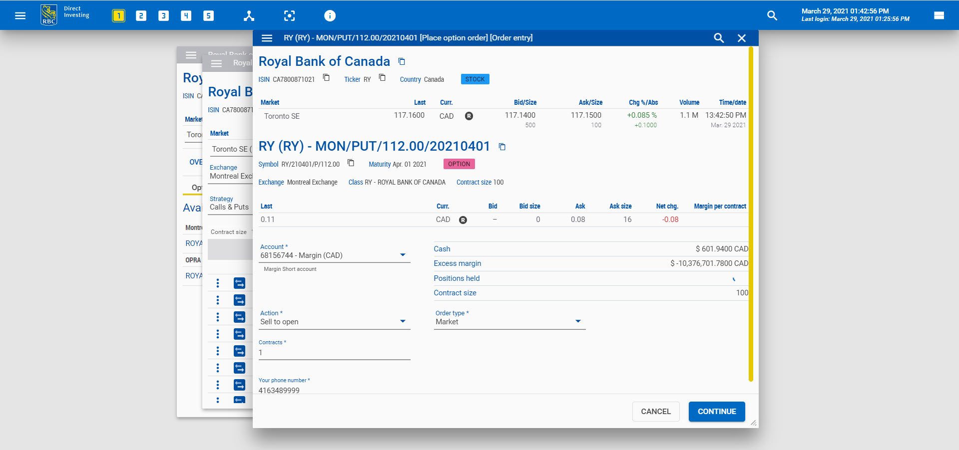 Options order window screenshot. 